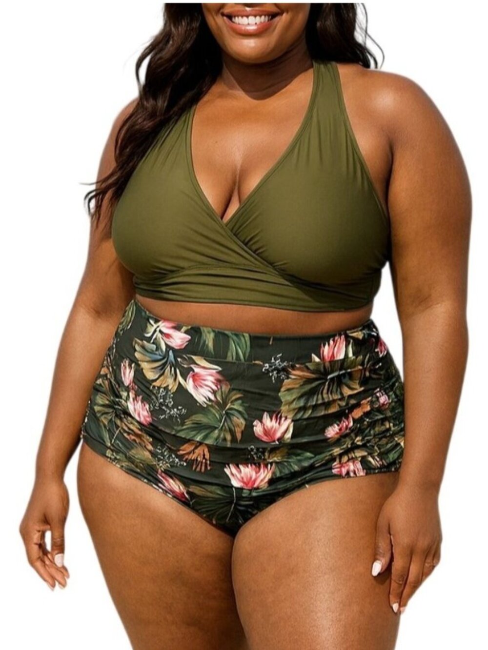 Hanna Nikole Size 12W Bikini Set Two-Piece V-Neck Top Floral High Waisted Bottom